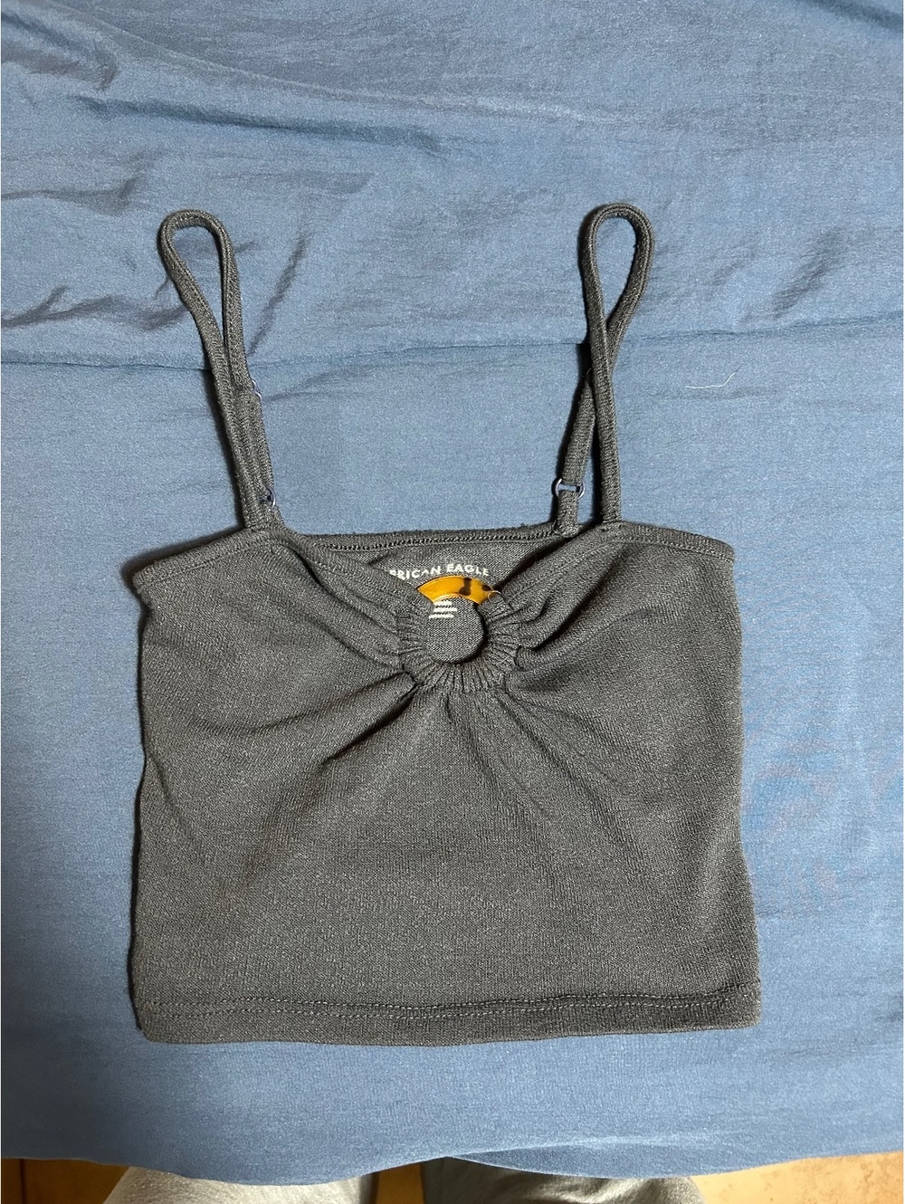 American Eagle Black Crop Tank Top with Ring Detail, Size XS